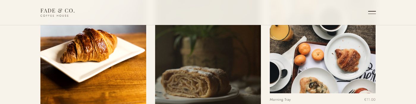 Fade & Co. food menu — croissant, cinnamon strudel and a morning tray, each photographed and priced