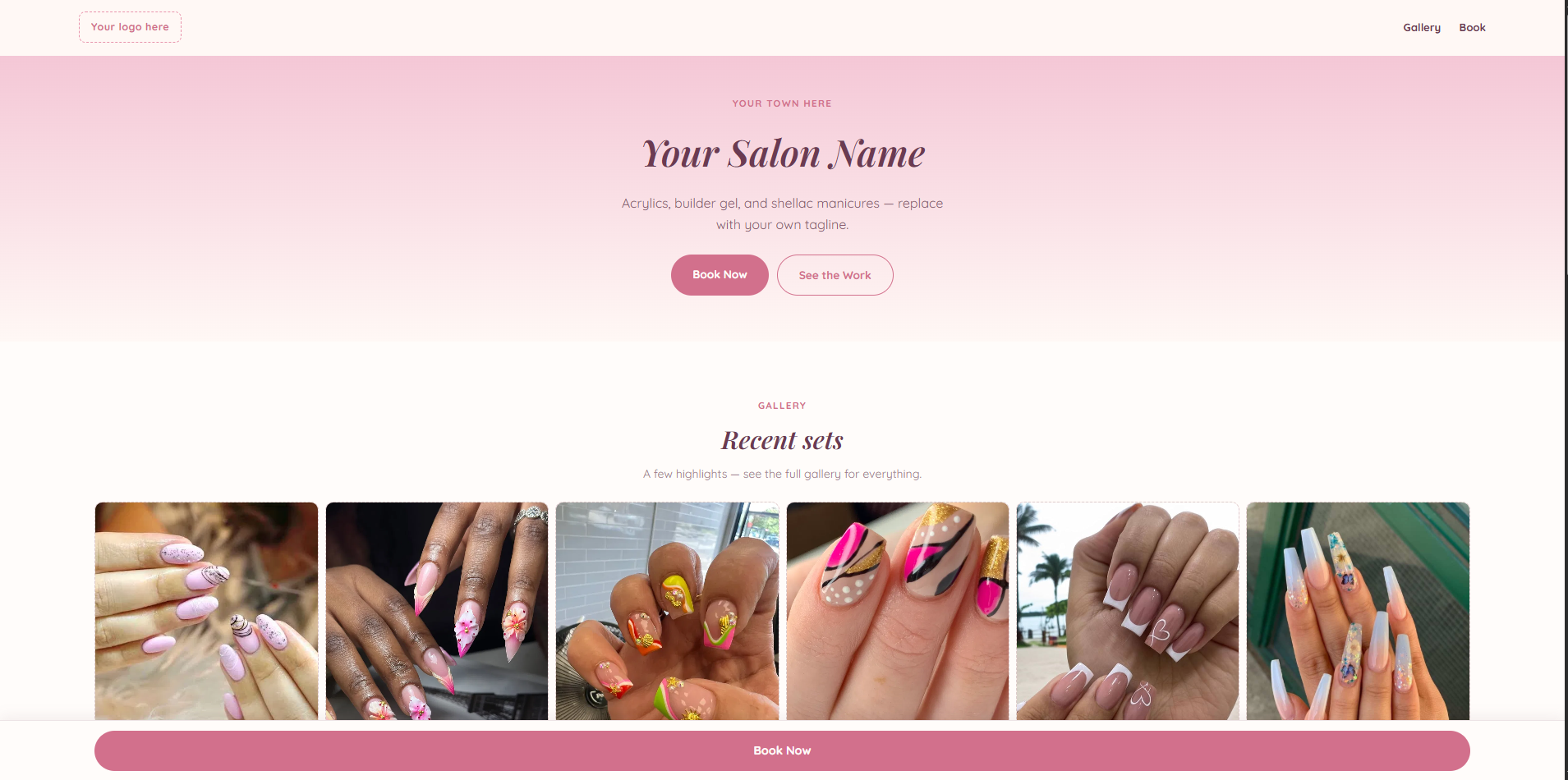 Nail studio pricing section — clean serif typography on a soft editorial background