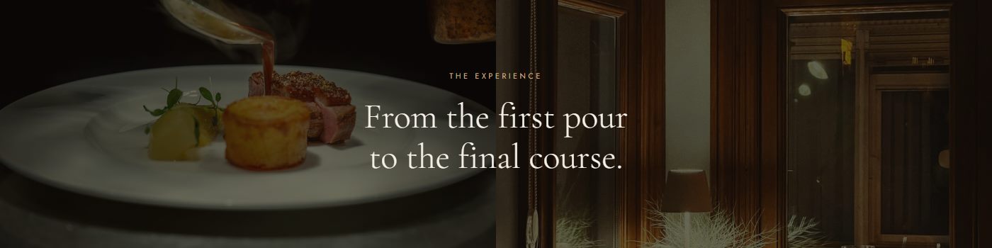 The Oak Room — full-width photographic band reading 'From the first pour to the final course'