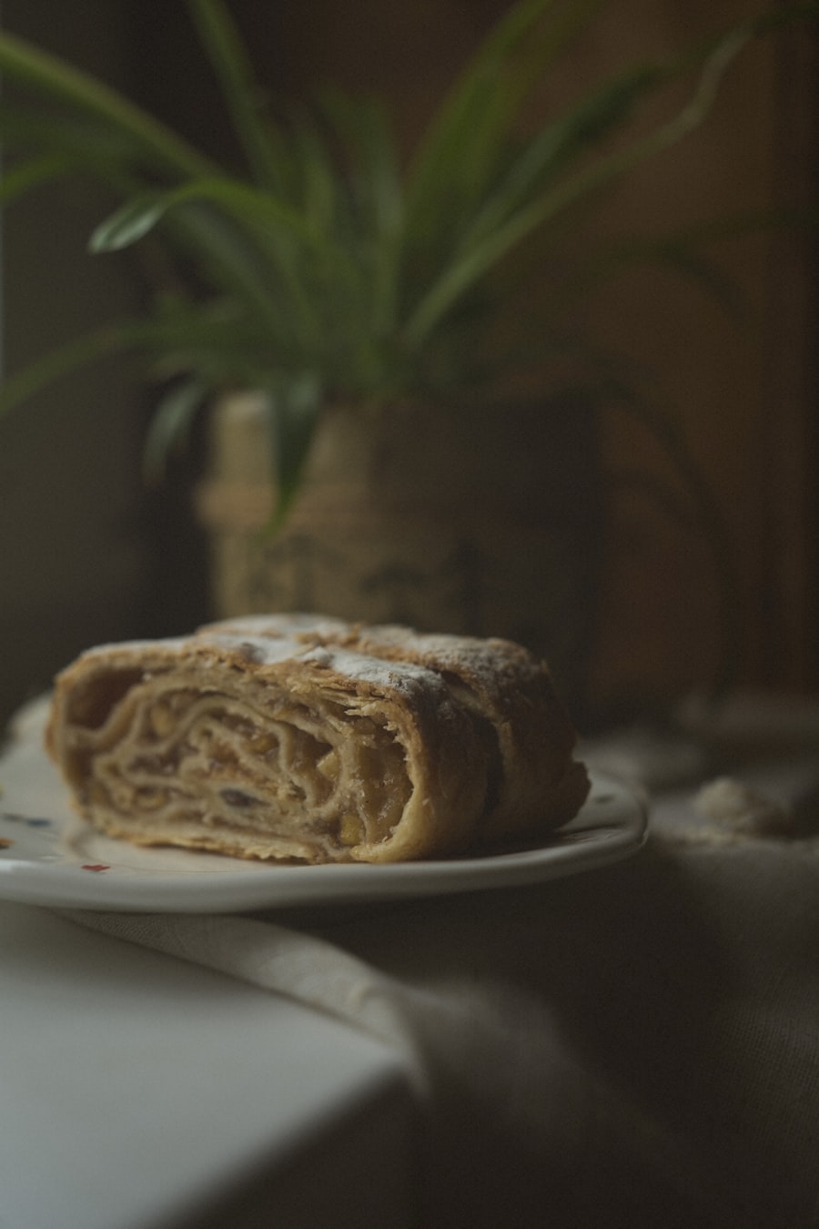 A slice of apple and cinnamon strudel on a plate, a plant softly out of focus behind it