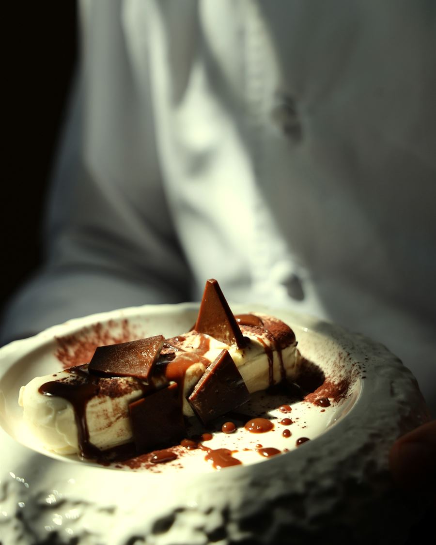 Dark chocolate and malt dessert with salted caramel